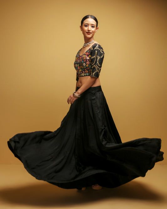 Floral Gota Patti Blouse With Black Skirt