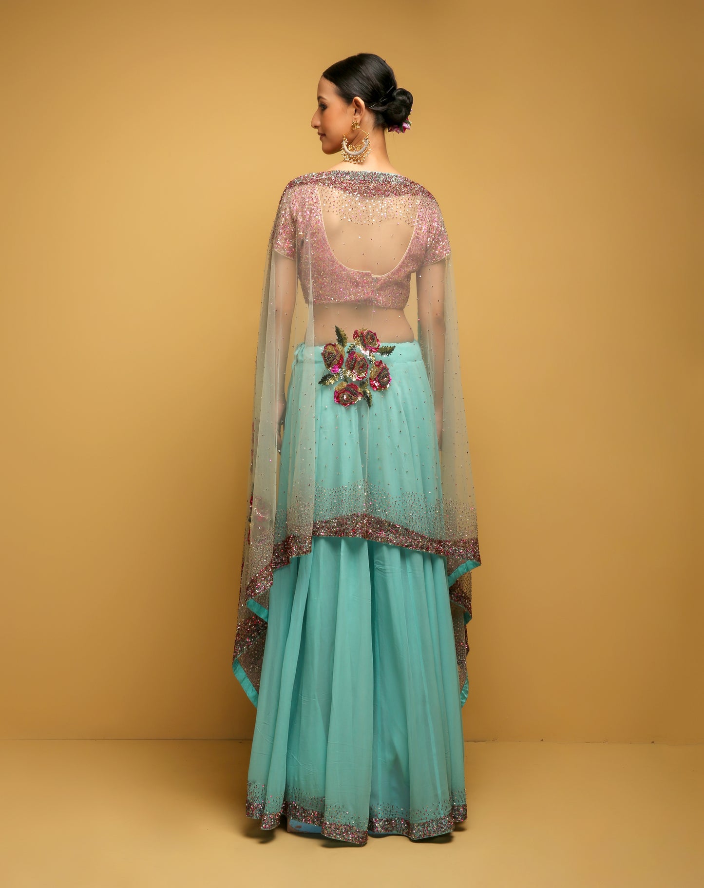 Ice Blue Lehenga with Sequins Blouse and Net Dupatta