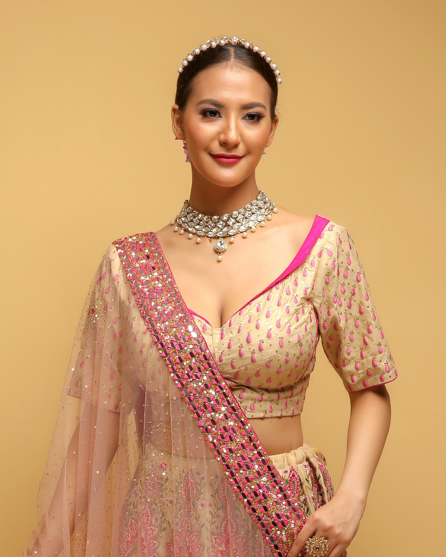 Pink & Beige Blouse with Pink Silk Embroidery