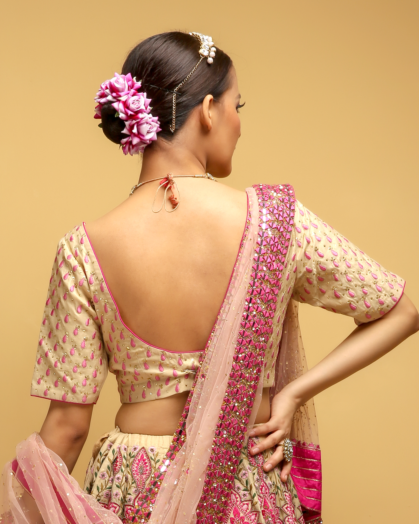 Pink & Beige Blouse with Pink Silk Embroidery