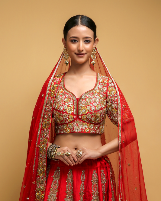 Red Floral Embroidery, Dabka & Sequins Blouse