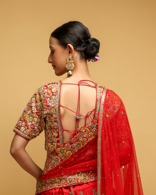 Red Floral Embroidery, Dabka & Sequins Blouse