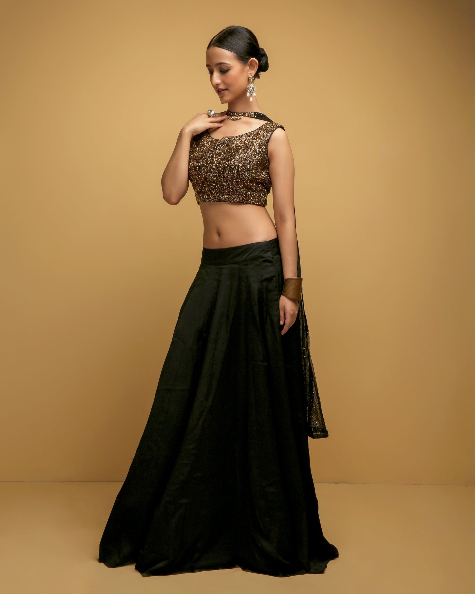Black Silk Bridesmaid Wedding Lehenga Skirt With Golden Zari Border and  Geometric Pattern Black & Gold Crop Top Blouse, Indo Western Outfit - Etsy