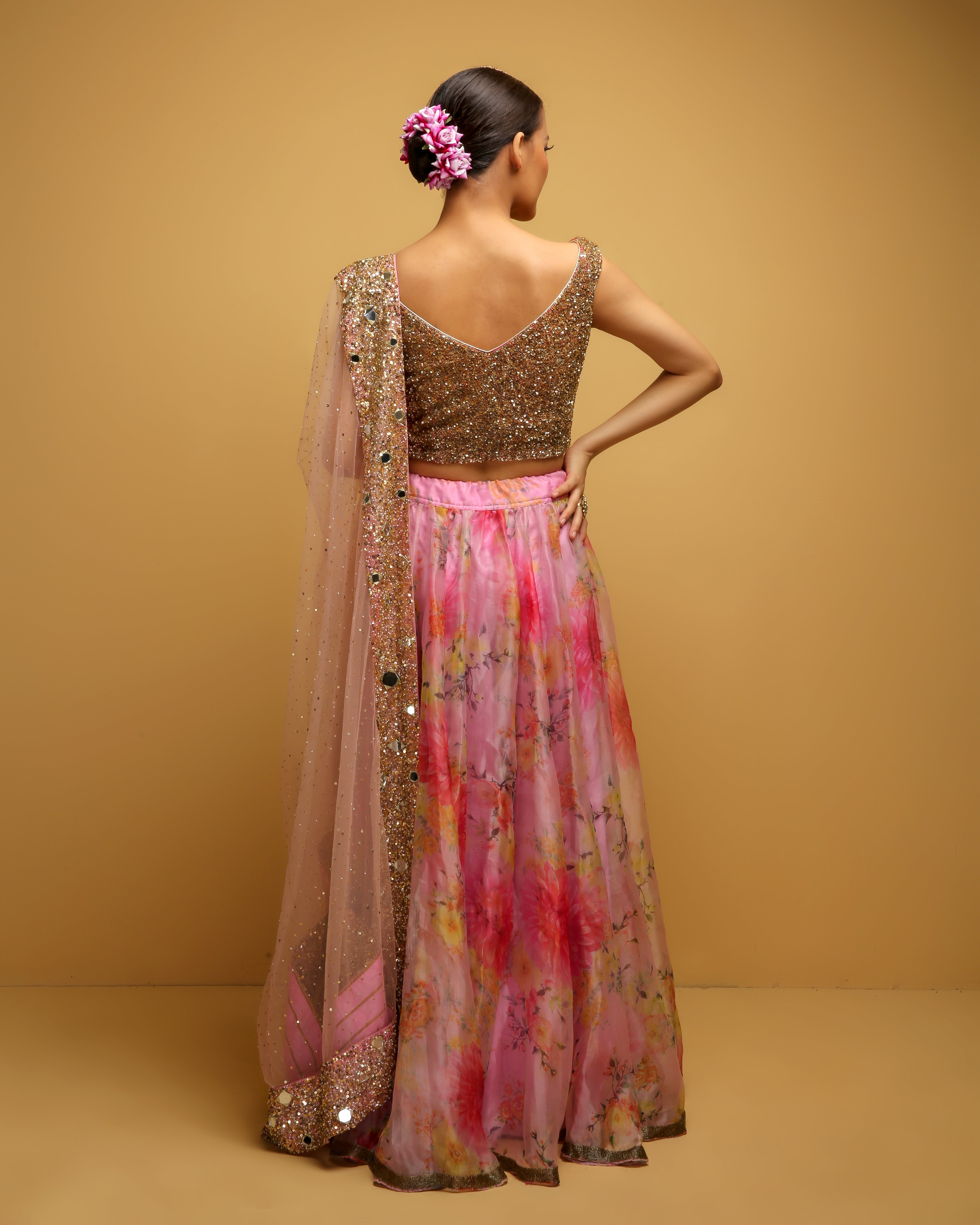 Mustard-Olive Chinon Silk Mirror Work Lehenga with Thread-Sequins  Embroidered Wine Choli and Pink Dupatta | Exotic India Art