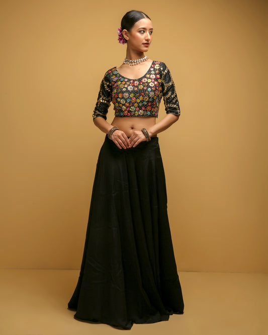 Floral Gota Patti Blouse With Black Skirt