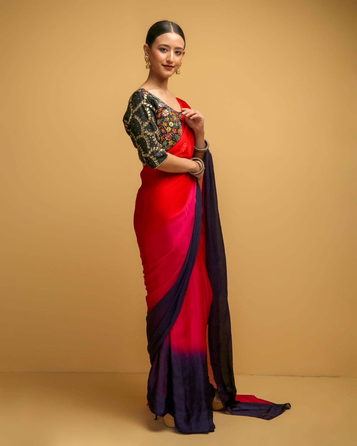 The Drape Saree - Red & Royal Blue Ombre Chiffon Saree With Floral Gota Patti Blouse
