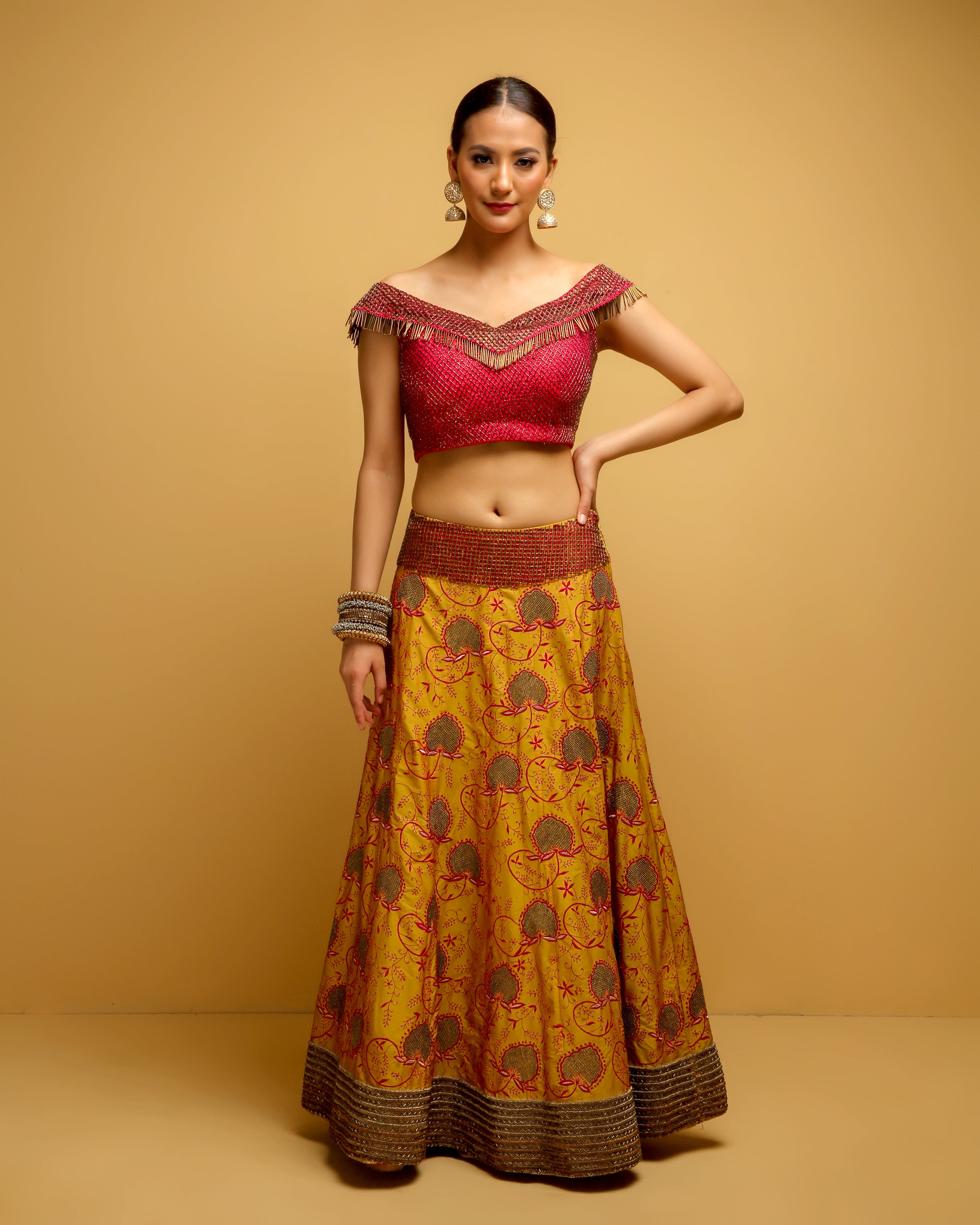 Rose pink embroidered off shoulder blouse and lehenga skirt set available  only at Pernia's Pop Up Shop. 2024