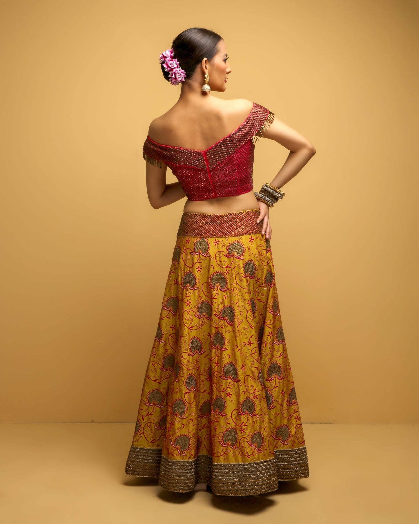 Yellow Cut-Glass Lehenga With Pink Off Shoulder Blouse