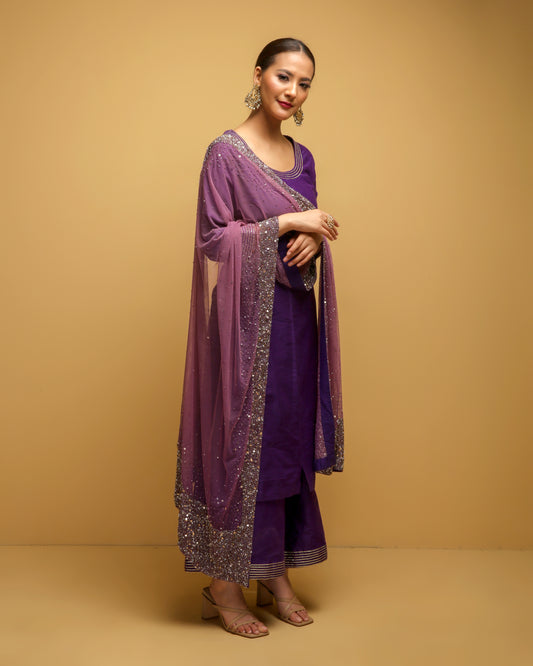 Purple Suit And Net Dupatta With Silver Sequins