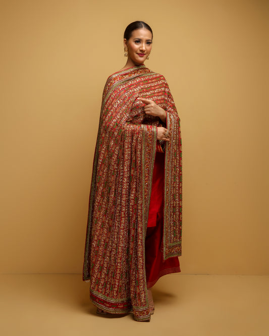 Red Silk Suit With Heavy Embroidered Dupatta