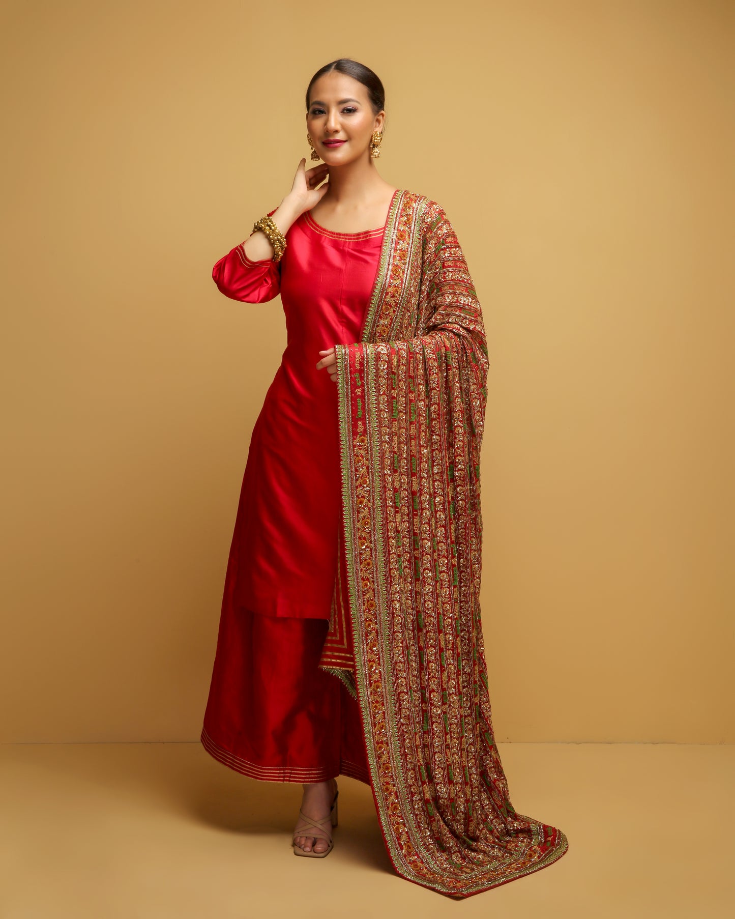 Red Silk Suit With Heavy Embroidered Dupatta