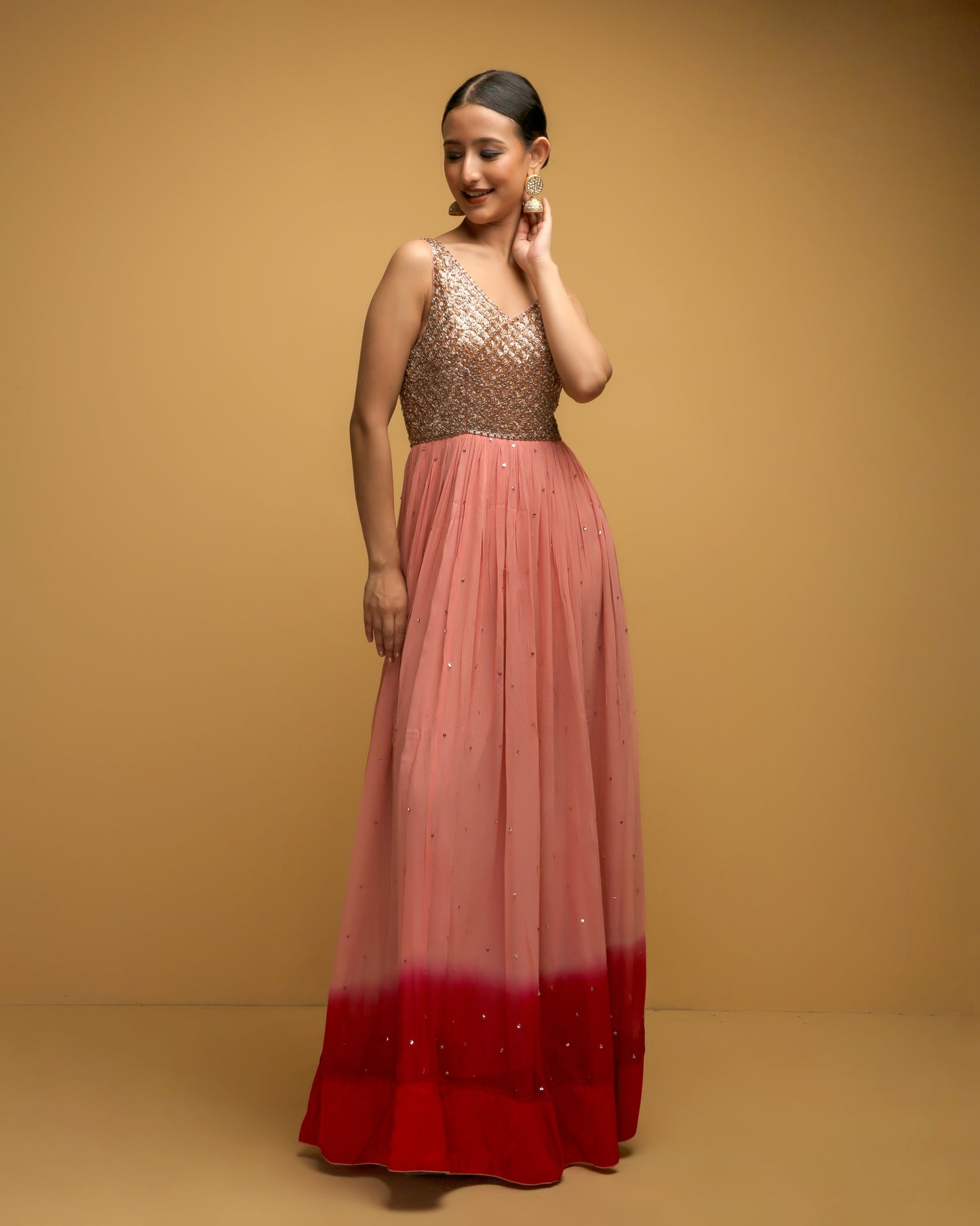 Peach & Red Ombre Anarkali With Golden Dabka Bust