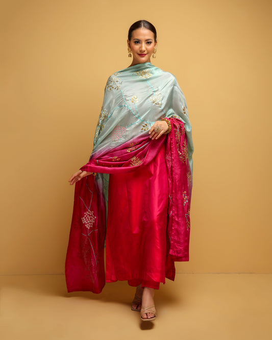 Red Suit With Red & Blue Ombre Silk Gota Patti Dupatta