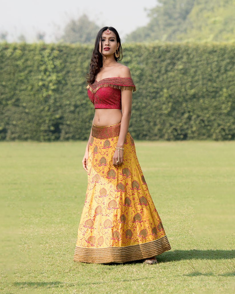 Buy Blue Crepe Asymmetric Off Shoulder Blouse And Lehenga Set For Women by  Salian By Anushree Online at Aza Fashions.