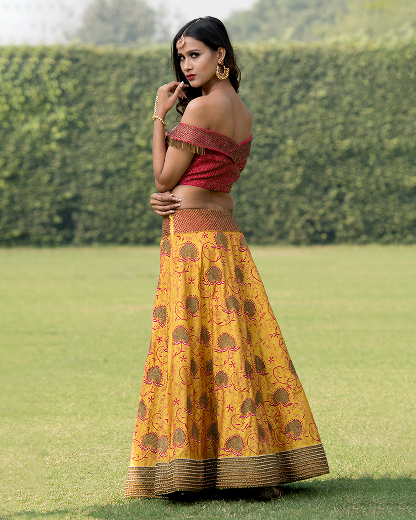 Yellow Cut-Glass Lehenga With Pink Off Shoulder Blouse