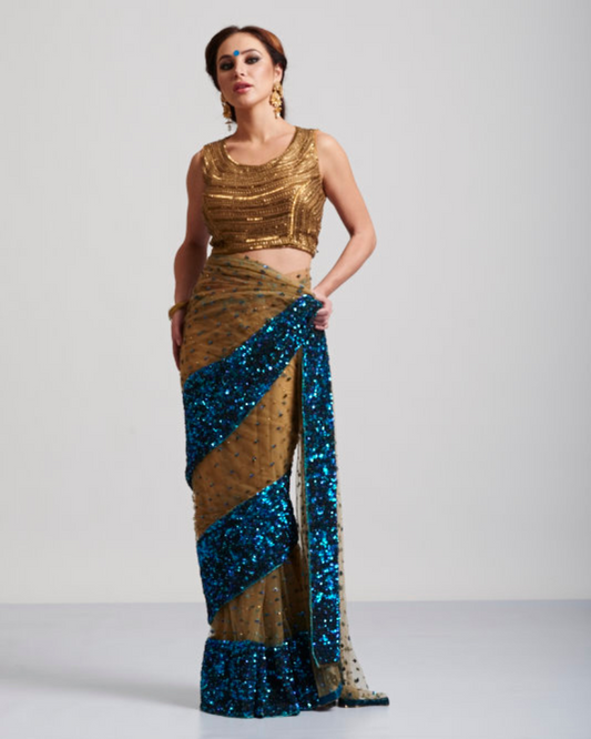 Peacock Blue Sequins Saree On Beige Base