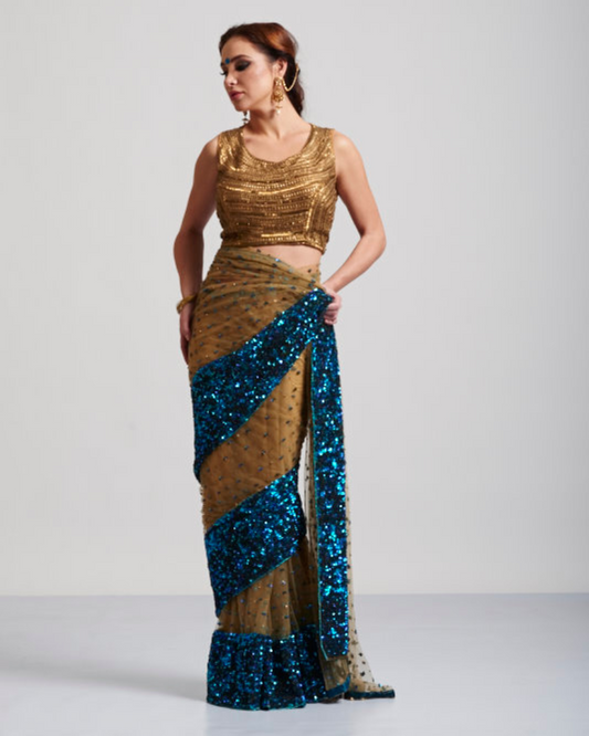 Peacock Blue Sequins Saree On Beige Base