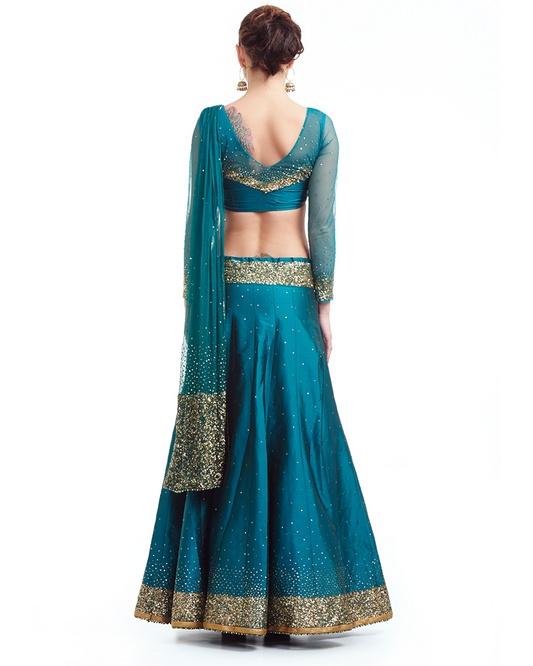 Turquoise Green Indian Skirt With Blouse & Attached Dupatta