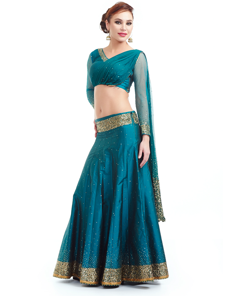 Turquoise Green Indian Skirt With Blouse & Attached Dupatta