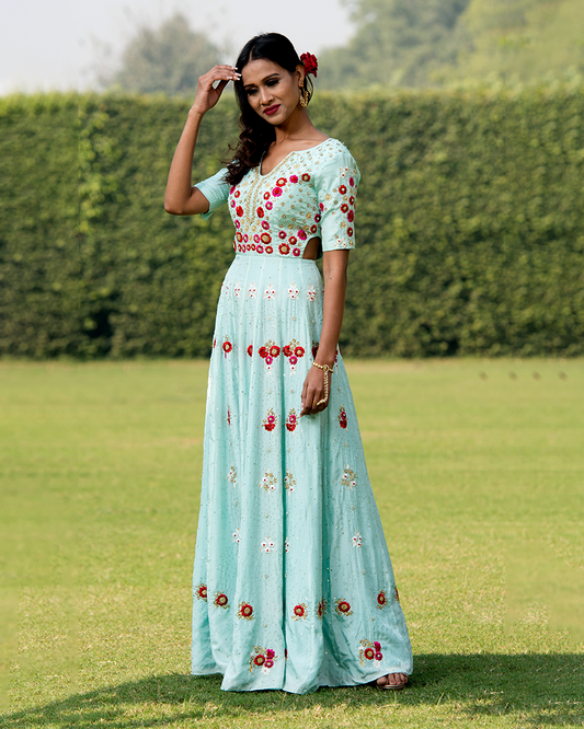 Light Blue Anarkali With Embroidered Flowers