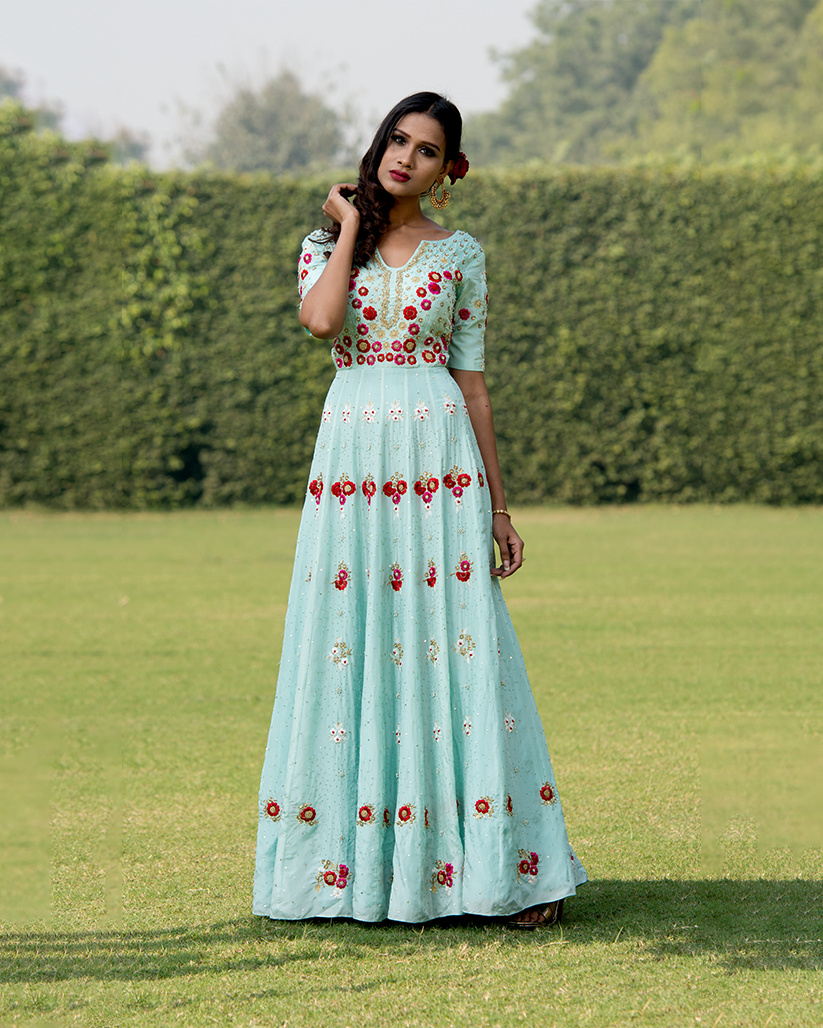 Light Blue Anarkali With Embroidered Flowers