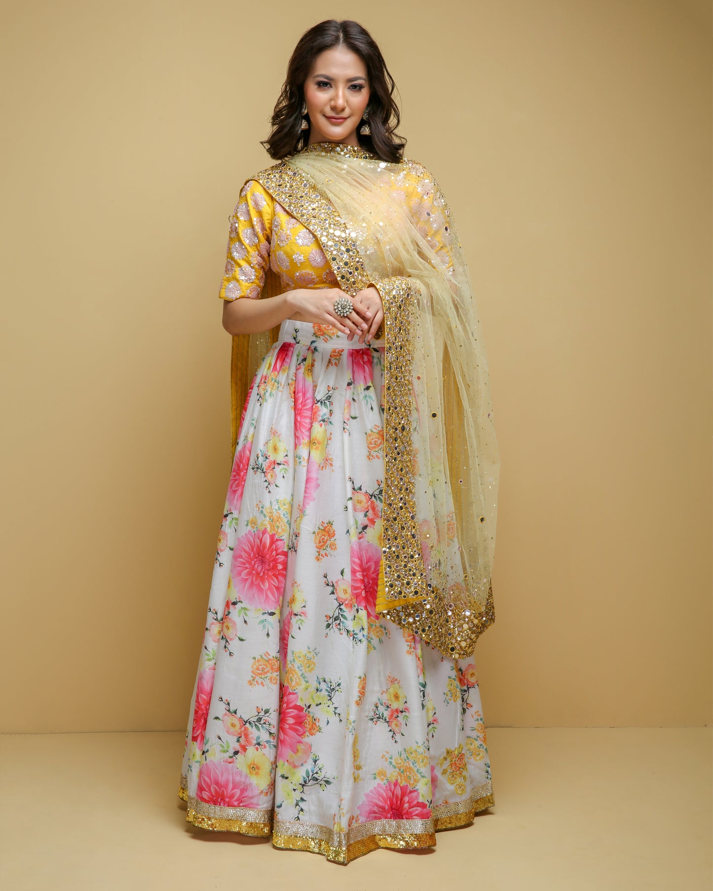 White Floral Indian Skirt With Yellow Woven Blouse & Mirror Work Dupatta