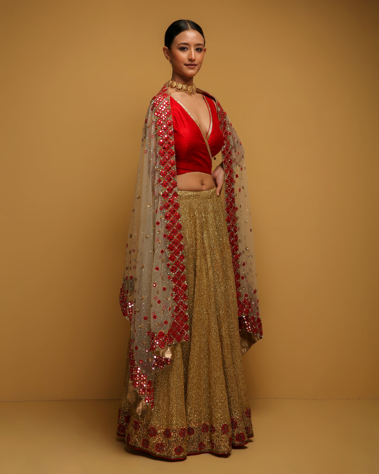 Golden Sequins Lehenga Set With Red Silk Wrap-around Blouse And Dupatta