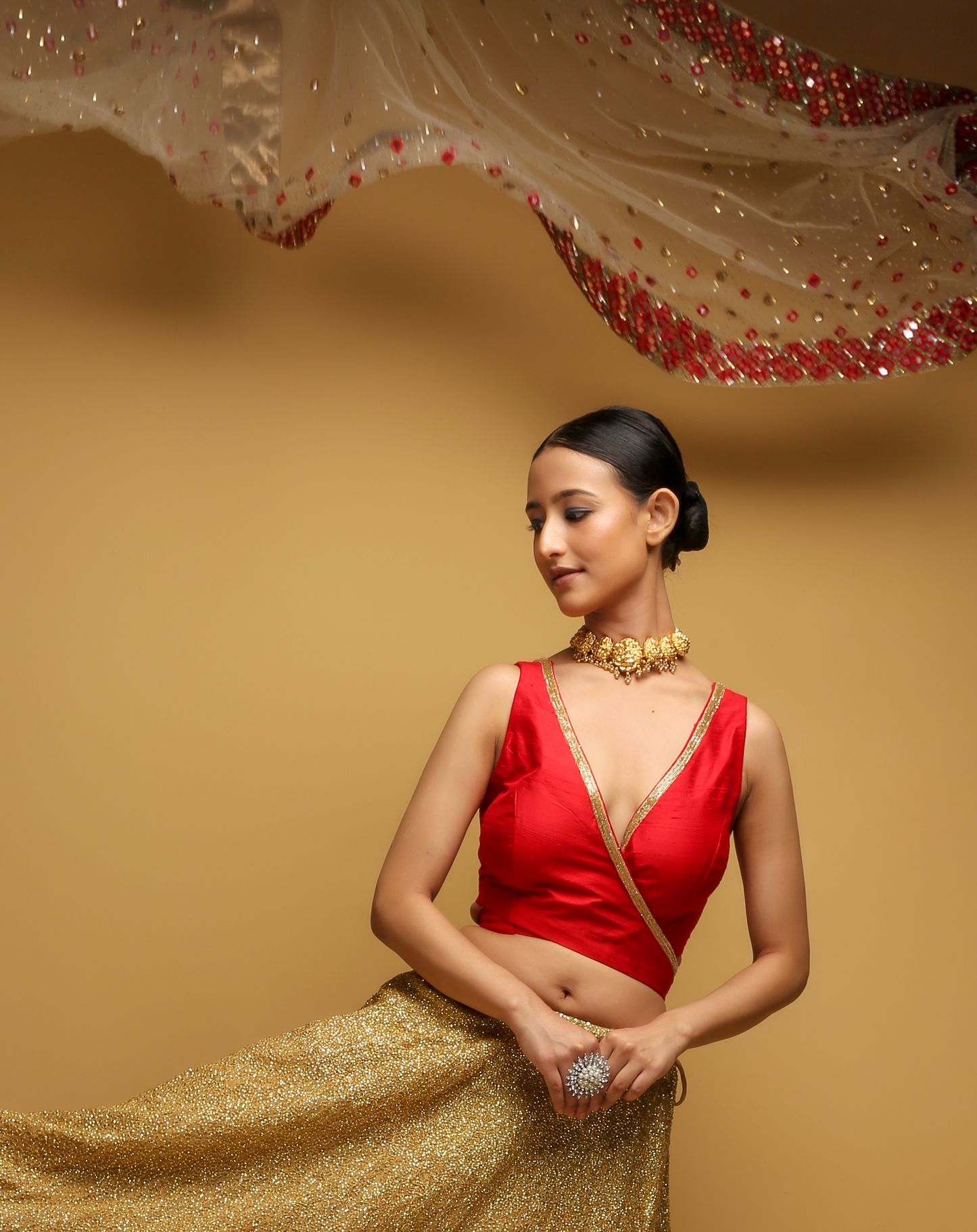 Red Silk Wrap Around Blouse With Golden Lace