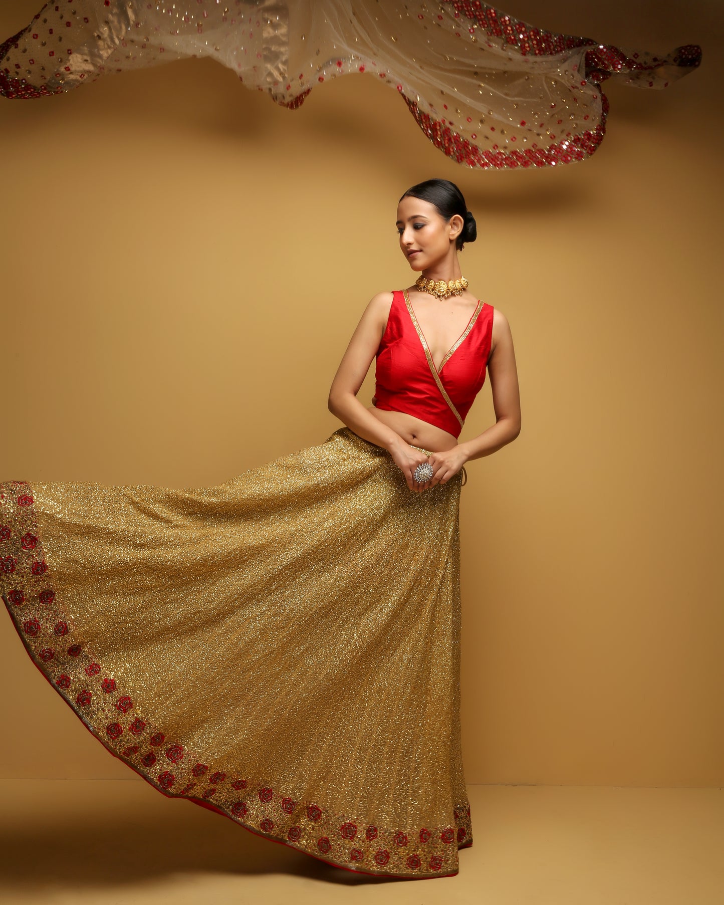 Golden Sequins Lehenga Set With Red Silk Wrap-around Blouse And Dupatta