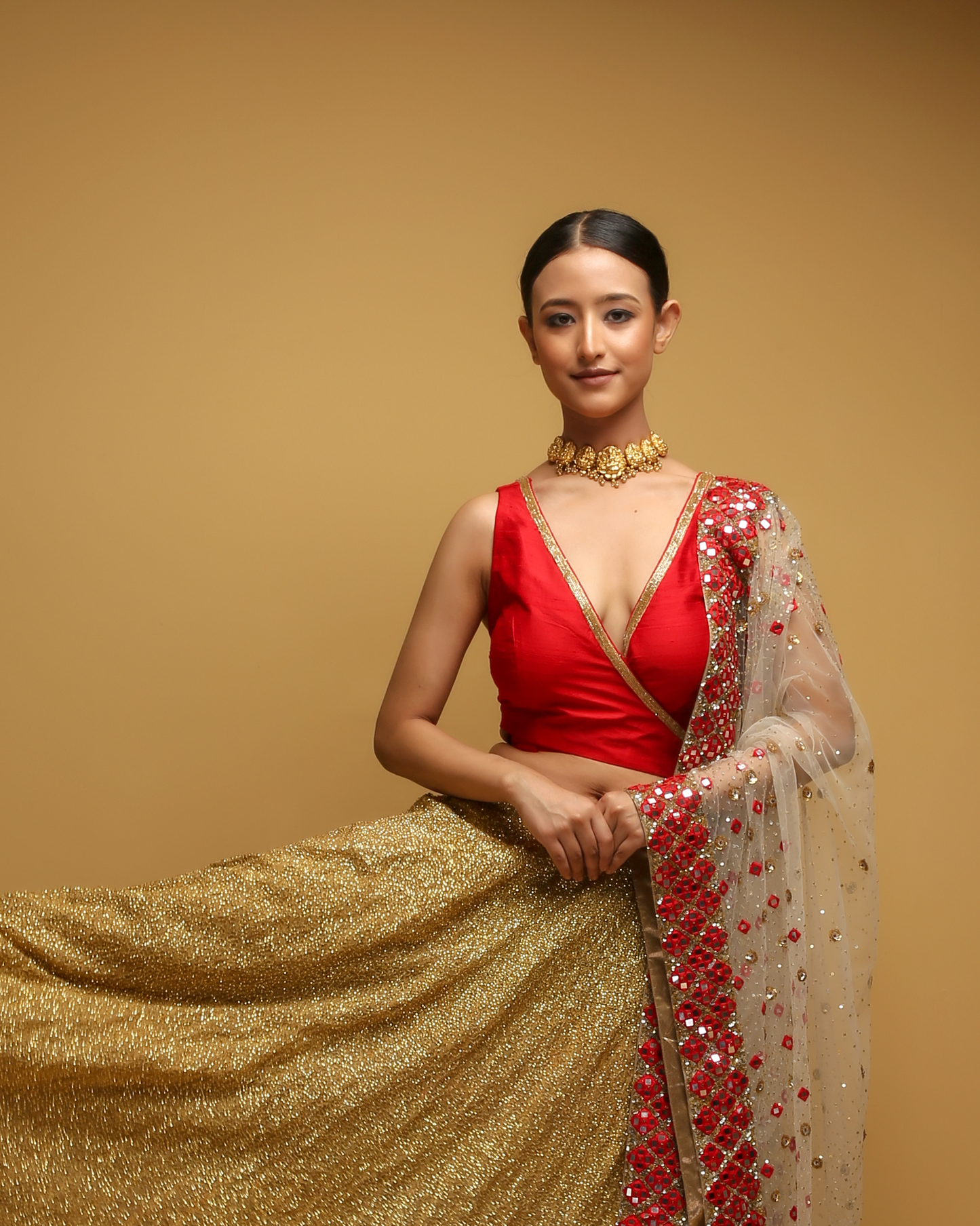 Red Silk Wrap Around Blouse With Golden Lace