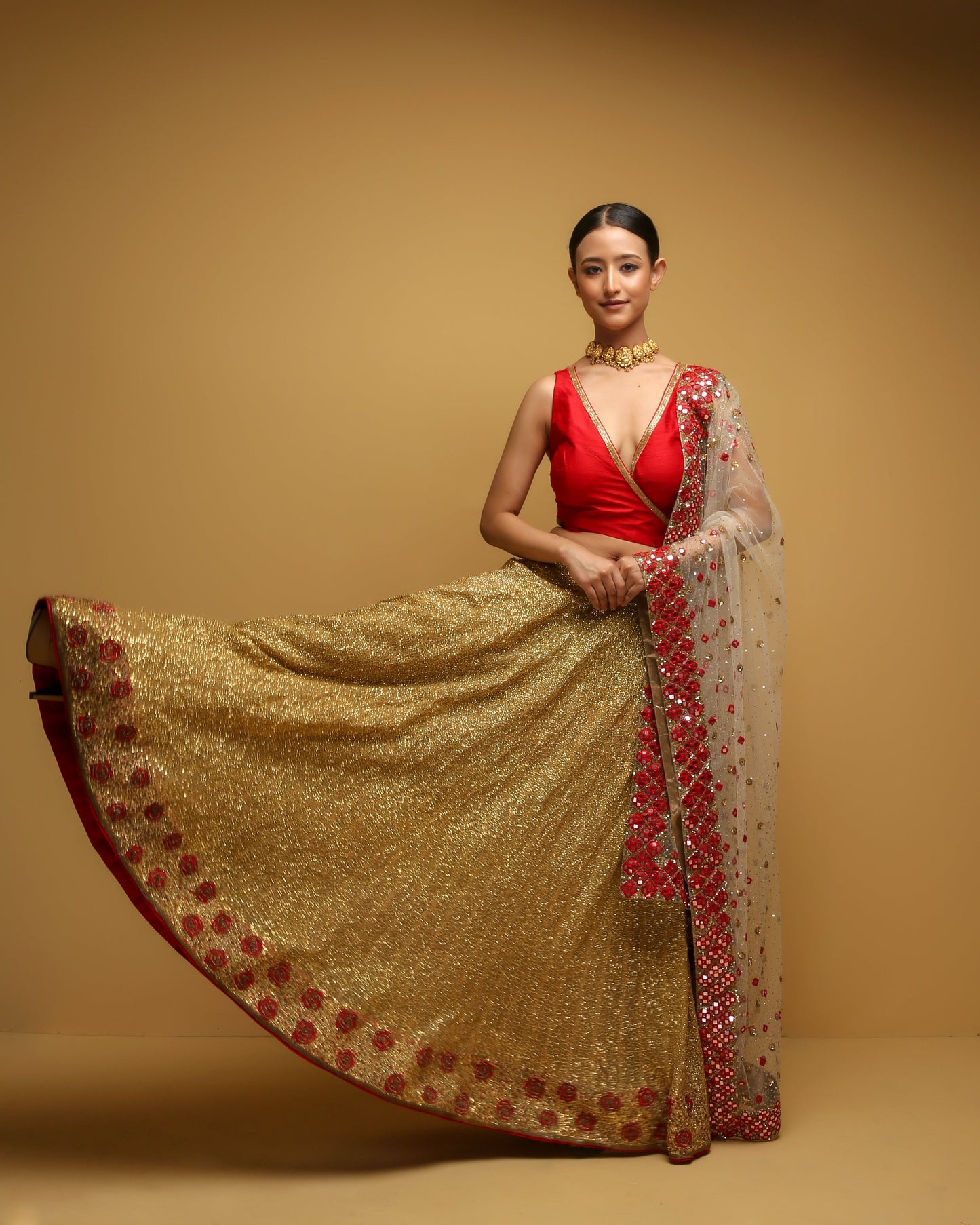 Beige Dupatta With Mirrors & Pure Silk Embroidery